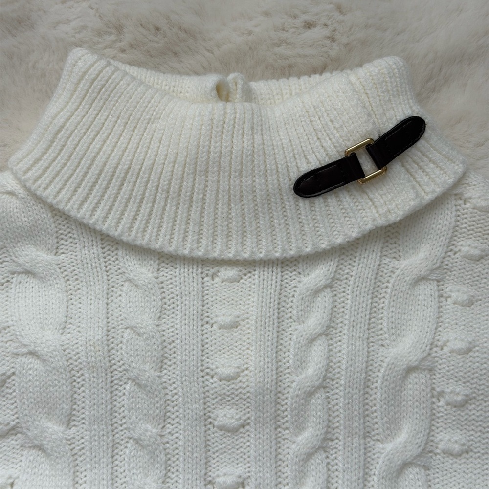 Janie and Jack Ivory Cable-Knit Turtleneck Poncho Cape with Button Accents - Picture 4 of 16